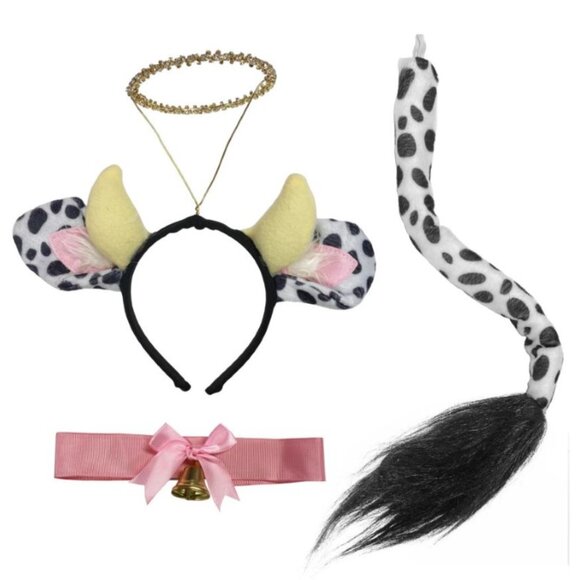 COW Instant Kit Halloween Accessory Black White Headband, Tail, Choker Bell Kit - Picture 3 of 6